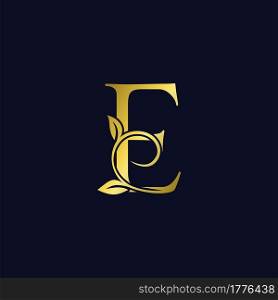 Luxury E Initial Letter Logo gold color, vector design concept ornate swirl floral leaf ornament with initial letter alphabet for luxury style.