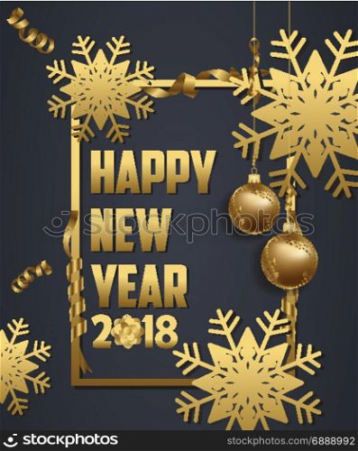 Luxury Elegant Merry Christmas and happy new year 2018 poster. Snowflake frame and gold christmas balls