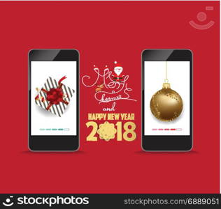 Luxury elegant merry christmas and happy new year 2018 poster. Gold ball and gift on smartphone