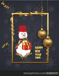 Luxury Elegant Merry Christmas and happy new year 2018 poster. Snowflake frame and gold christmas balls
