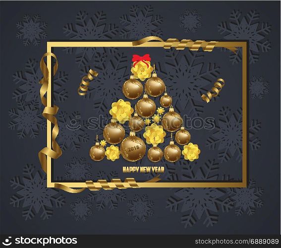 Luxury Elegant Merry Christmas and happy new year 2018 poster. Frame and gold christmas balls