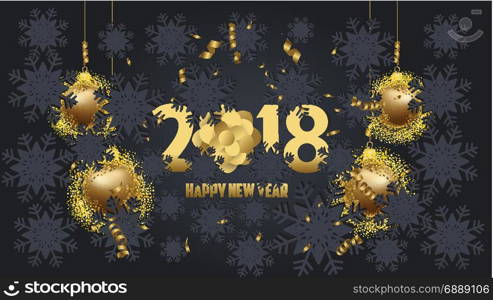 Luxury Elegant Merry Christmas and happy new year 2018 poster. Frame and gold christmas balls