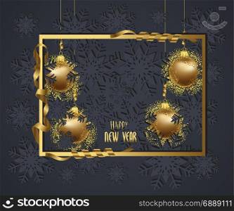Luxury Elegant Merry Christmas and happy new year 2018 poster. Frame and gold christmas balls