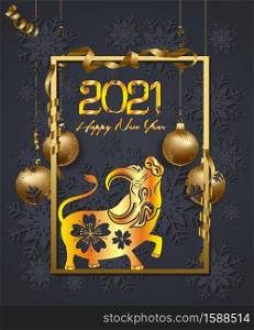 Luxury Elegant Merry Christmas and happy new year 2021 Zodiac of Ox poster. Frame and gold christmas balls