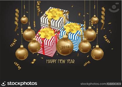 Luxury elegant Merry Christmas and happy new year gift poster. Confetti and christmas gold balls