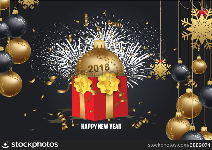 Luxury elegant Merry Christmas and happy new year gift poster. Confetti and christmas gold balls