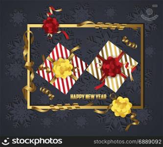 Luxury elegant Merry Christmas and happy new year gift poster. Confetti and christmas gold balls
