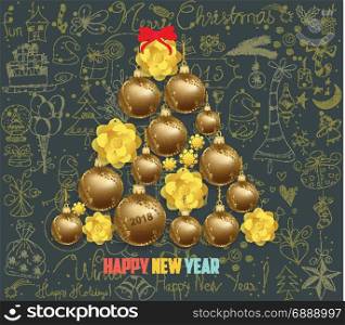 Luxury Elegant Merry Christmas and happy new year poster. Doodle line icon and gold christmas balls