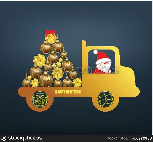 Luxury Elegant Merry Christmas and happy new year poster. Santa Claus carrying a gift on the car and gold christmas balls
