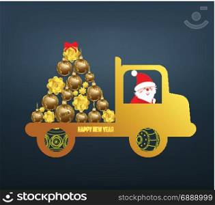 Luxury Elegant Merry Christmas and happy new year poster. Santa Claus carrying a gift on the car and gold christmas balls