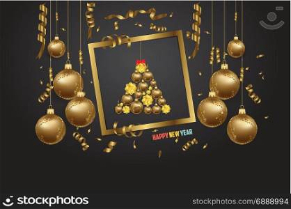 Luxury elegant Merry Christmas and happy new year poster. Confetti and christmas gold balls