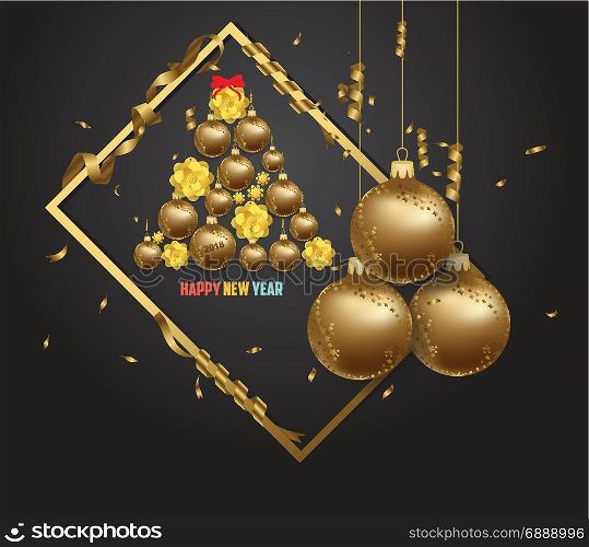Luxury elegant Merry Christmas and happy new year poster. Confetti and gold christmas balls