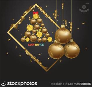 Luxury elegant Merry Christmas and happy new year poster. Confetti and gold christmas balls