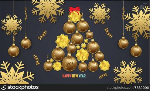 Luxury Elegant Merry Christmas and happy new year poster. Snowflake frame and gold christmas balls