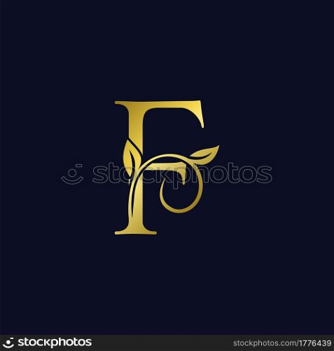 Luxury F Initial Letter Logo gold color, vector design concept ornate swirl floral leaf ornament with initial letter alphabet for luxury style.