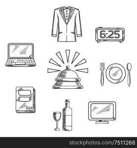 Luxury five stars hotel service symbols with reception bell and high quality room service icons. sketch style. Luxury hotel service icons and symbols