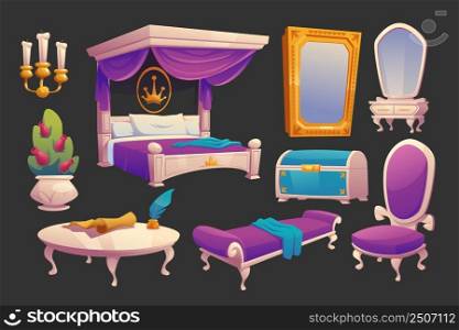 Luxury furniture for royal bedroom. Vector cartoon set of vintage princess room interior with canopy bed, dressing table, mirror in gold frame, couch, chest, candles and flowers. Luxury furniture for royal bedroom