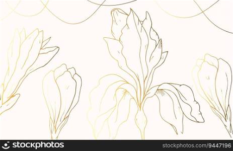 Luxury gold and beige background with plants. Flower outline. Iris. Hand drawn. Minimal art. Vector art