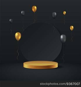 Luxury gold and black balloon background vector 3d rendering with cylinder podium. Black friday minimal rendered scene 3d with golden podium platform. stand to show product. Stage showcase background.