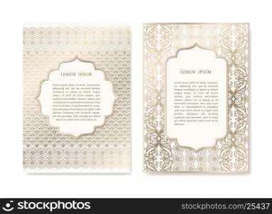 Luxury Gold Invitation card set in islamic style. Vector greeting card, posters, flyers, brochures, wedding and save the date template design cards. Floral decorative ornamental background pattern.
