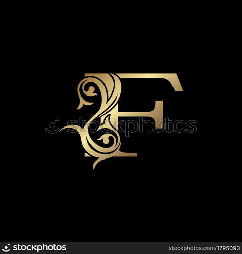 Luxury Gold Letter F Floral Leaf Logo Icon, Classy Vintage vector design concept for emblem, wedding card invitation, brand identity, business card initial, Restaurant, Boutique, Hotel and more luxuries business identity.