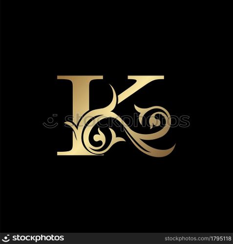 Luxury Gold Letter K Floral Leaf Logo Icon, Classy Vintage vector design concept for emblem, wedding card invitation, brand identity, business card initial, Restaurant, Boutique, Hotel and more luxuries business identity.