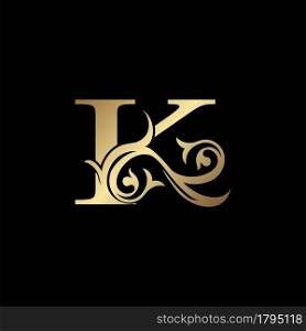 Luxury Gold Letter K Floral Leaf Logo Icon, Classy Vintage vector design concept for emblem, wedding card invitation, brand identity, business card initial, Restaurant, Boutique, Hotel and more luxuries business identity.