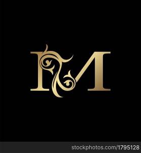 Luxury Gold Letter M Floral Leaf Logo Icon, Classy Vintage vector design concept for emblem, wedding card invitation, brand identity, business card initial, Restaurant, Boutique, Hotel and more luxuries business identity.
