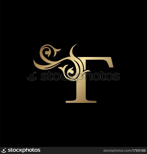 Luxury Gold Letter T Floral Leaf Logo Icon, Classy Vintage vector design concept for emblem, wedding card invitation, brand identity, business card initial, Restaurant, Boutique, Hotel and more luxuries business identity.