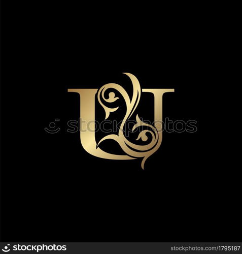 Luxury Gold Letter U Floral Leaf Logo Icon, Classy Vintage vector design concept for emblem, wedding card invitation, brand identity, business card initial, Restaurant, Boutique, Hotel and more luxuries business identity.
