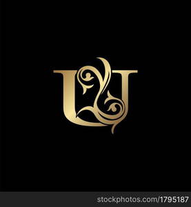 Luxury Gold Letter U Floral Leaf Logo Icon, Classy Vintage vector design concept for emblem, wedding card invitation, brand identity, business card initial, Restaurant, Boutique, Hotel and more luxuries business identity.