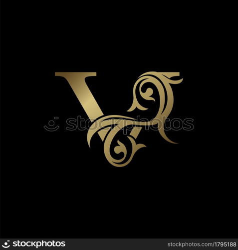 Luxury Gold Letter V Floral Leaf Logo Icon, Classy Vintage vector design concept for emblem, wedding card invitation, brand identity, business card initial, Restaurant, Boutique, Hotel and more luxuries business identity.