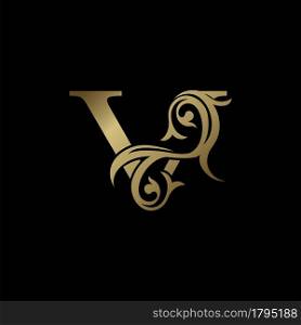 Luxury Gold Letter V Floral Leaf Logo Icon, Classy Vintage vector design concept for emblem, wedding card invitation, brand identity, business card initial, Restaurant, Boutique, Hotel and more luxuries business identity.