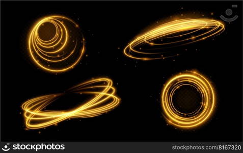 Luxury gold light lines with glitter and shine. Abstract golden glow motion effect, magic flare trails with sparkles, vector realistic illustration isolated on transparent background. Luxury gold light lines with glitter and shine