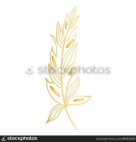 Luxury golden feather isolated vector illustration. Beautiful graceful gold bird feather, decoration for postcards or design. Luxury golden feather isolated vector illustration