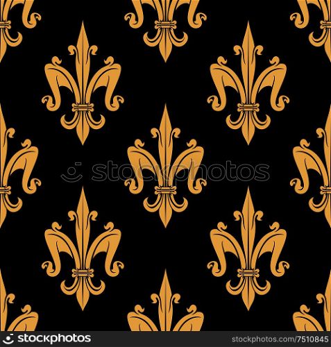 Luxury golden fleur-de-lis seamless pattern with royal floral ornament on black background. Usage for wallpaper or interior textile design. Golden fleur-de-lis seamless pattern over black