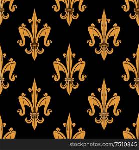 Luxury golden fleur-de-lis seamless pattern with royal floral ornament on black background. Usage for wallpaper or interior textile design. Golden fleur-de-lis seamless pattern over black