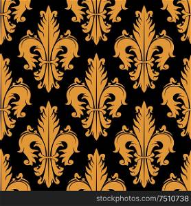 Luxury golden royal floral seamless pattern of stylized fleur-de-lis symbols on black background. May be use in interior or textile design . Floral seamless pattern with fleur-de-lis elements
