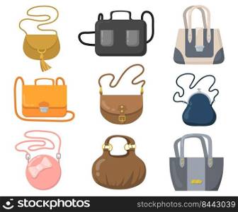 Luxury handbags set. Stylish bags, clutches and purses with handles and shoulder straps. Cartoon vector illustrations for fashion, accessory shop concepts