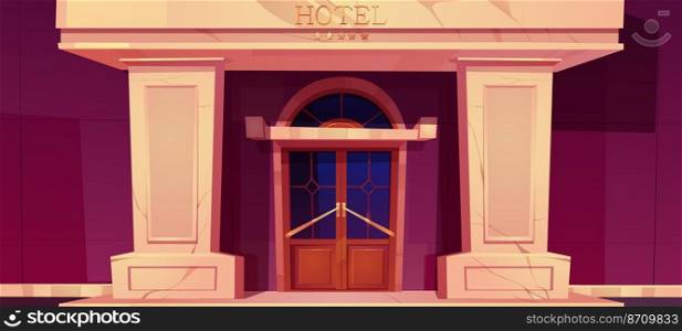 Luxury hotel building exterior. City guest apartments entrance. Vector cartoon illustration of expensive hotel front with double doors, marble columns and five gold stars on facade. Luxury hotel building exterior