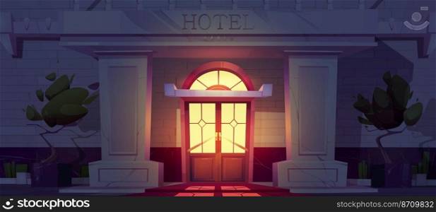 Luxury hotel building facade at night. Expensive hotel entrance on dark city street. Vector cartoon illustration of guest apartments exterior with double doors, marble columns and five gold stars. Luxury hotel building facade at night
