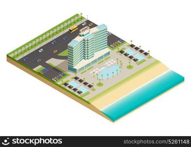 Luxury Hotel Building Isometric Composition. Luxury hotel building on sandy shores of ocean isometric composition with swimming pool and beach equipment vector illustration