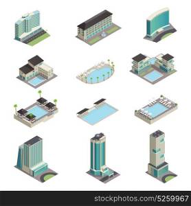 Luxury Hotel Buildings Isometric Icons. Luxury hotel buildings isometric icons with modern resort skyscrapers pools and relaxation area isolated vector illustration
