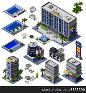Luxury hotel buildings isometric icons set with palm trees and pools full of blue water isolated vector illustration . Luxury Hotel Buildings Isometric Icons