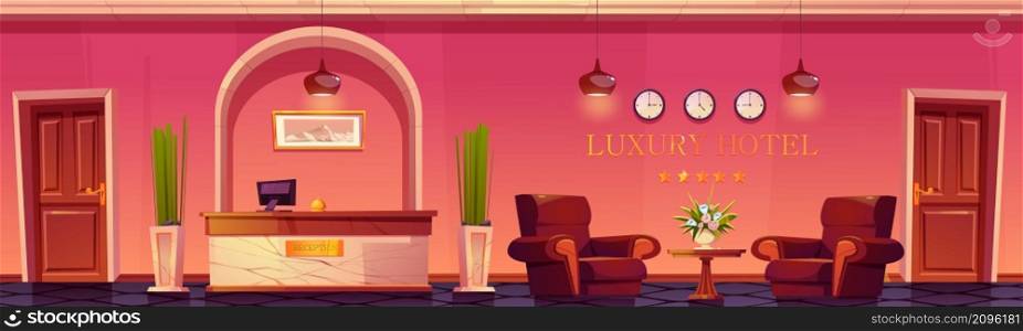 Luxury hotel lobby with reception desk, table with chairs, flowers and plants. Vector cartoon illustration of empty interior of hotel hall with marble counter, wooden furniture and doors. Luxury hotel lobby with reception desk and flowers