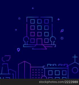 Luxury house, hotel, condo gradient line vector icon, simple illustration on a dark blue background, cityscape buildings related bottom border.. Luxury house, hotel, condo gradient line icon, buildings vector illustration