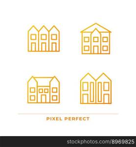 Luxury houses pixel perfect gradient linear vector icons set. Townhouse and mansion. Single family detached home. Thin line contour symbol designs bundle. Isolated outline illustrations collection. Luxury houses pixel perfect gradient linear vector icons set