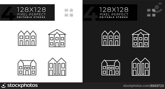 Luxury houses pixel perfect linear icons set for dark, light mode. Townhouse and mansion. Single family detached home. Thin line symbols for night, day theme. Isolated illustrations. Editable stroke. Luxury houses pixel perfect linear icons set for dark, light mode