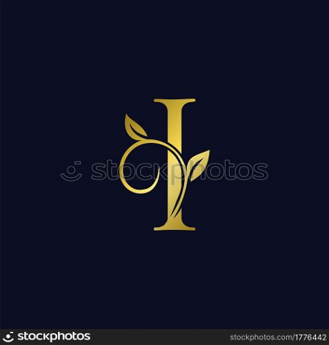 Luxury I Initial Letter Logo gold color, vector design concept ornate swirl floral leaf ornament with initial letter alphabet for luxury style.