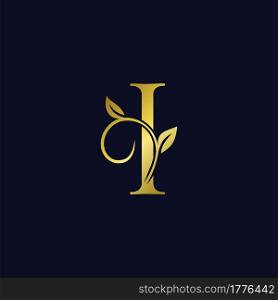 Luxury I Initial Letter Logo gold color, vector design concept ornate swirl floral leaf ornament with initial letter alphabet for luxury style.